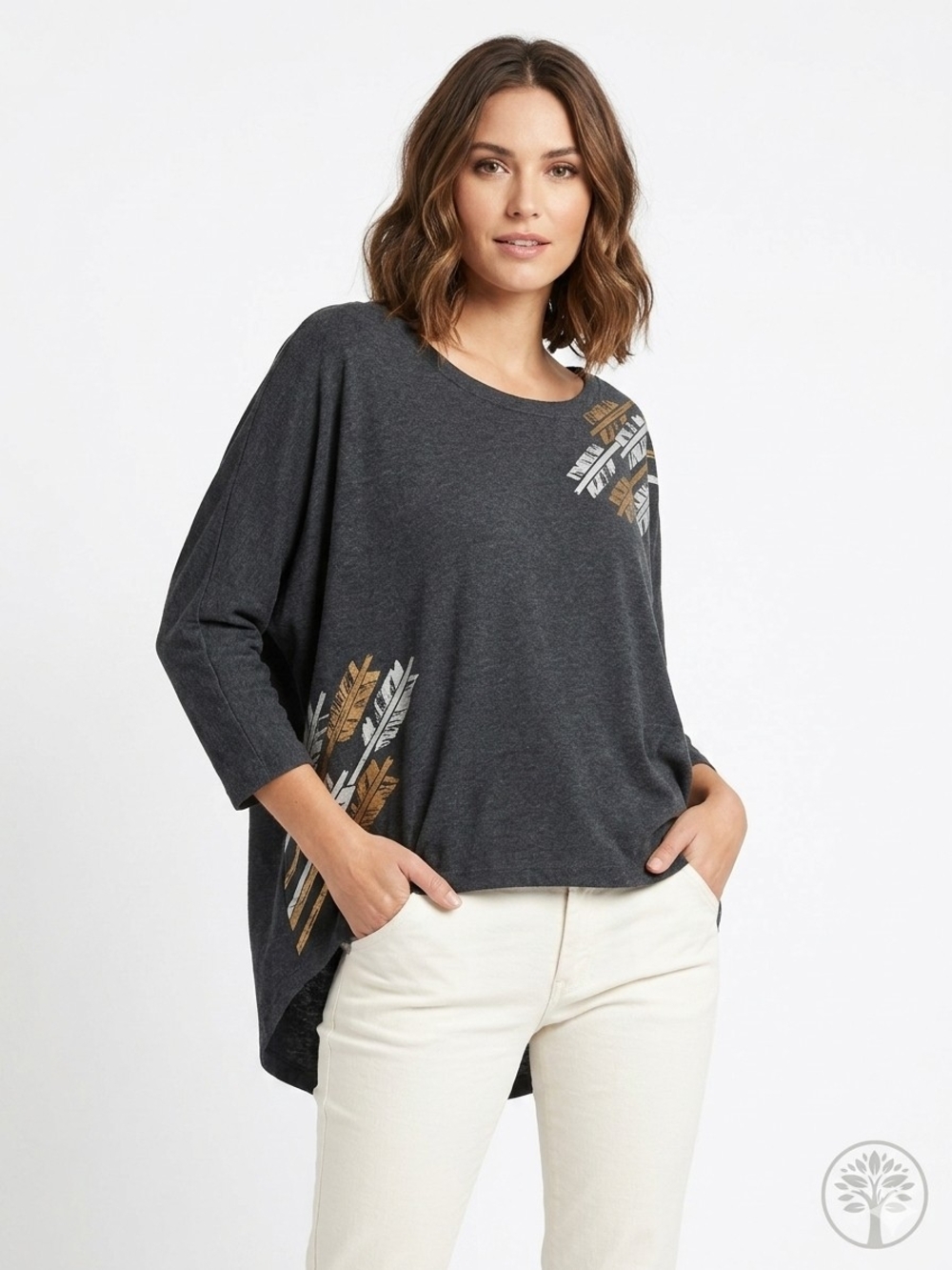 Synergy Organic Clothing Boxy Feather Graphic Top M Charcoal Grey Mint